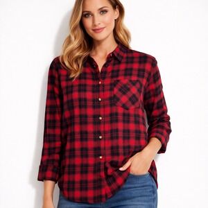 Love Notes Shirt Top Women Large Button Down Long Sleeve Flannel Plaid Black Red